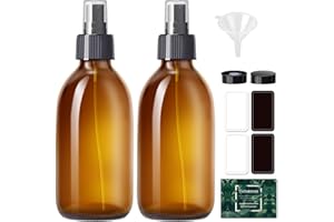 Tecohouse Amber Glass Spray Bottles 8.8 oz, 2 Pack Empty Spray Bottle for Essential Oils, Small Glass Bottles for Cleaning Solutions, Plants, Hair with Durable Nozzle, Labels, Funnel