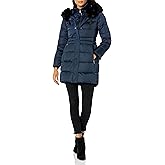 TAHARI Women's Fitted Quilted Puffer Coat With Attached Hood, Faux Fur Trim & Hand Warmer Pockets
