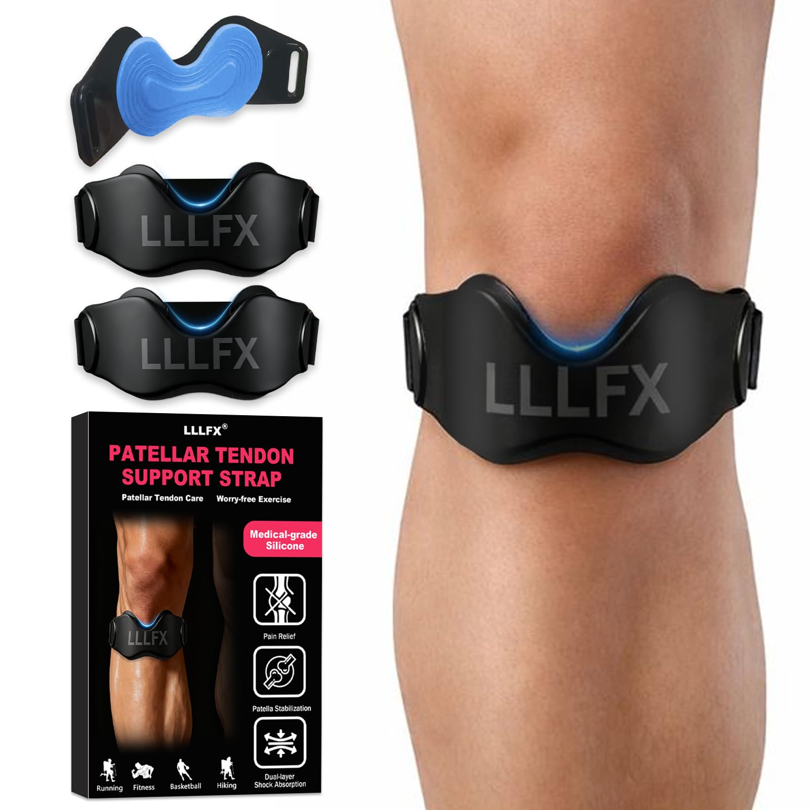 Photo 1 of 2 Pack Patellar Tendon Support Straps, Adjustable Non-slip Patellar Band, Distribute Patellar Tendon Pressure, Prevent Meniscus Tears & Relieve Knee Pain, Suitable for Running, Basketball, Black