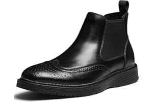 Hantatop Chelsea Boots Men Genuine Leather Brogue Wingtip Casual Dress Boots Comfortable Classic Slip On Ankle Chukka Boots for Office Casual Travel