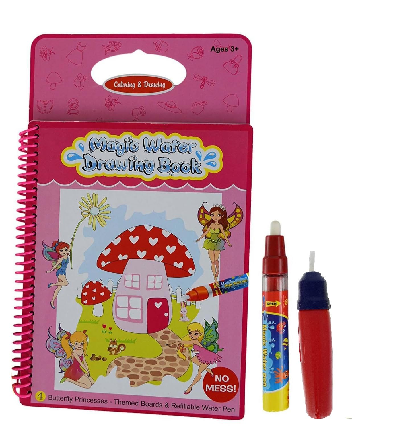 Rangebow Magic Aqua Water Reusable Drawing Doodle Colouring Book with 2 Magic Water Pens for Age 3 Years Plus Kids Travel Activity Book Children Toddlers Travel Toys (Butterfly Princess Book)
