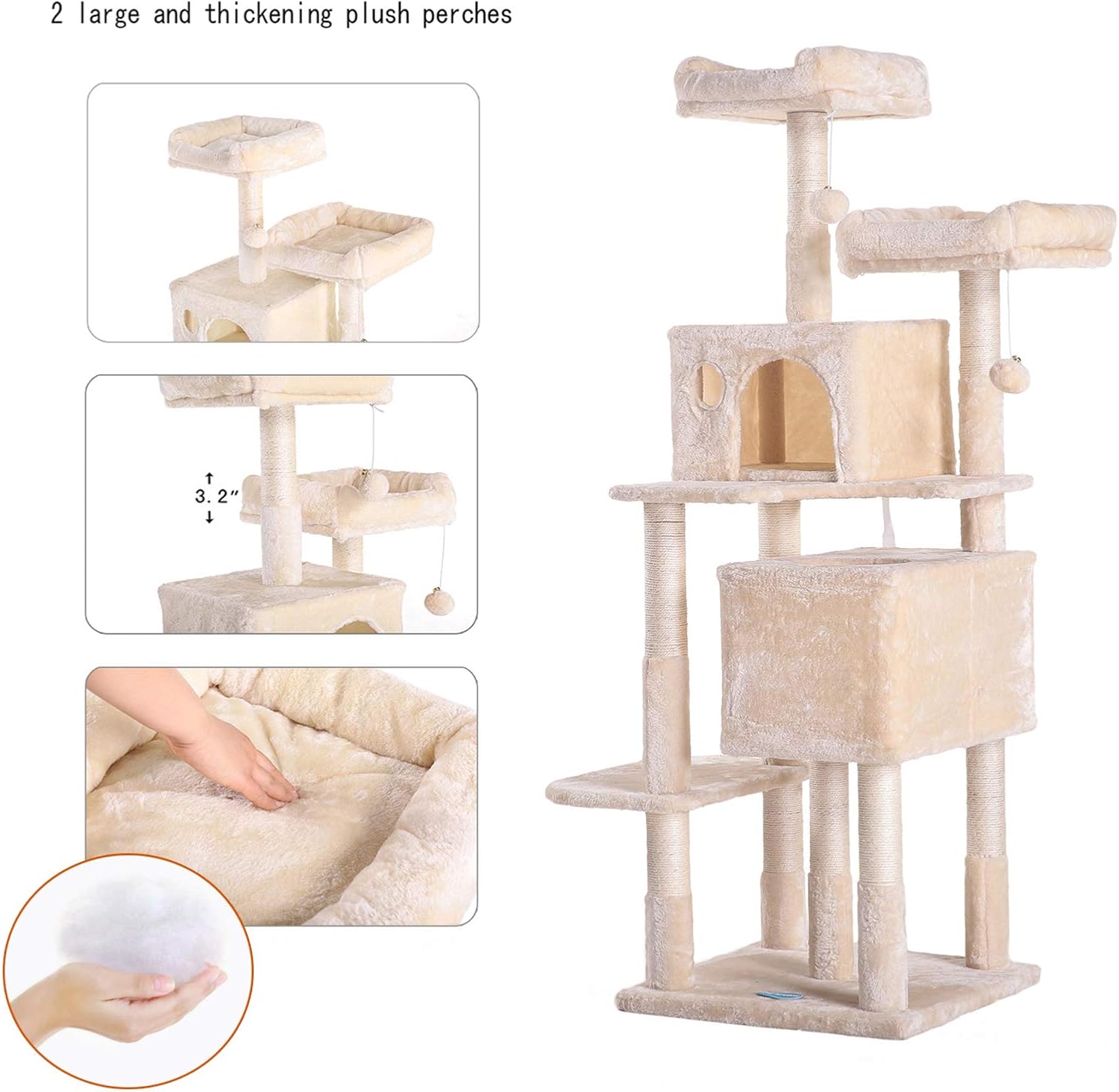 Hey-brother 60 inches Multi-Level Cat Tree Condo Furniture with Sisal-Covered Scratching Posts, 2 Plush Condos, 2 Plush Perches, for Kittens, Cats and Pets, Beige MPJ012M : Pet Supplies