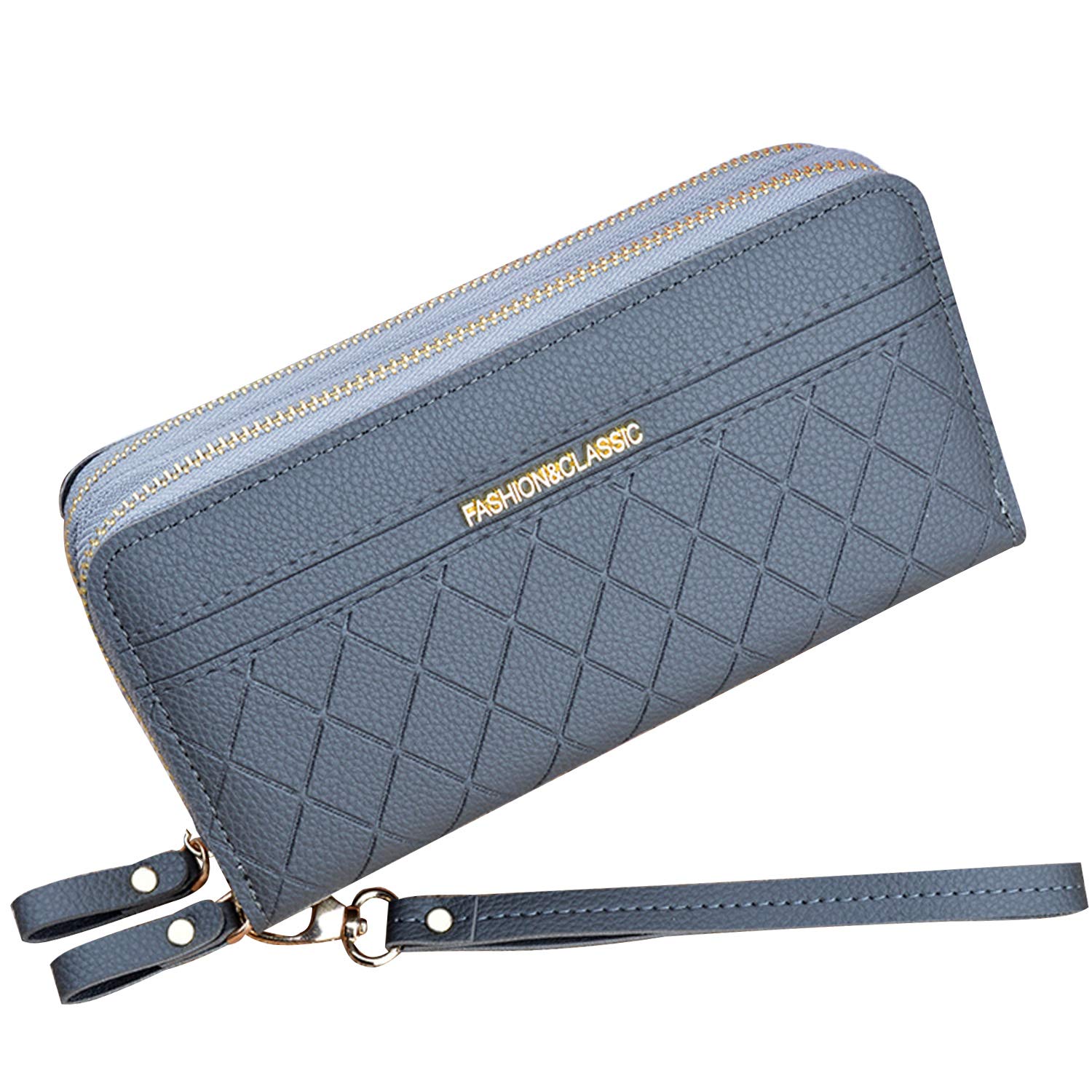 Yixuan Ladies PU Leather Phone Wallet with Double Zipper Coin Purse, Large Capacity, Multiple Card Slots, Wristlet (Gray1)