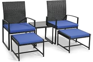 Murago 5 Pieces Wicker Patio Conversation Sets, Rattan Furniture Set with Coffee Table and 2 Ottomans, Ideal for Porch, Garden, Yard, Poolside, Black Rattan with Dark Blue Cushion