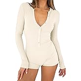 INFITTY Women Long Sleeve V Neck Rompers Ribbed Button Down Yoga Rompers Sexy Pajama Unitard Outfit