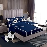 jejeloiu Football Sheet Set Full Size Kids Soccer Ball Pattern Sheets with Deep Pocket Fitted Sheet for Boys Girls Teens Sports Theme Bed Sheets Set Breathable Football Court Bedding Set Room Decor