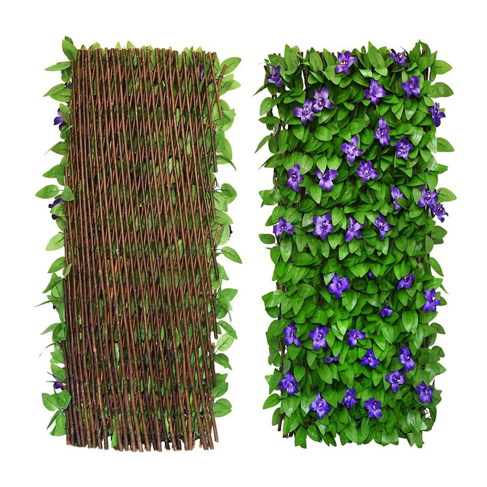 Artificial Leaf Screening, Expandable Fence Privacy Screen for Balcony Patio Outdoor,Decorative Faux Ivy Fencing Panel,Artificial Hedges 40x200cm- Expanded (1pcs, Purple Flowers)