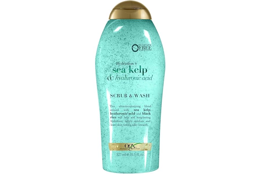OGX Hydration + Sea Kelp & Hyaluronic Acid Sulfate-Free Lightly Moisturizing Body Scrub with Black Rice, Gentle Exfoliating Daily Body Wash to Soften & Smooth Skin, 19.5 Fl Oz