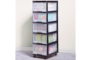 BIENVOUN Plastic Drawer Storage Organizer Home Office 5-Tier Clear Rolling Carts with Wheels, Black Frame