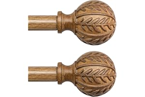 QDWIS 2 Pack Boho Wood Curtain Rods for Windows 48 to 84 inch,1" Adjustable Heavy Duty Window Curtain Rod with Imitation Wood Grain Finials,Rustic Decorative Drapery Rods Set 36-88'',Natural Wood
