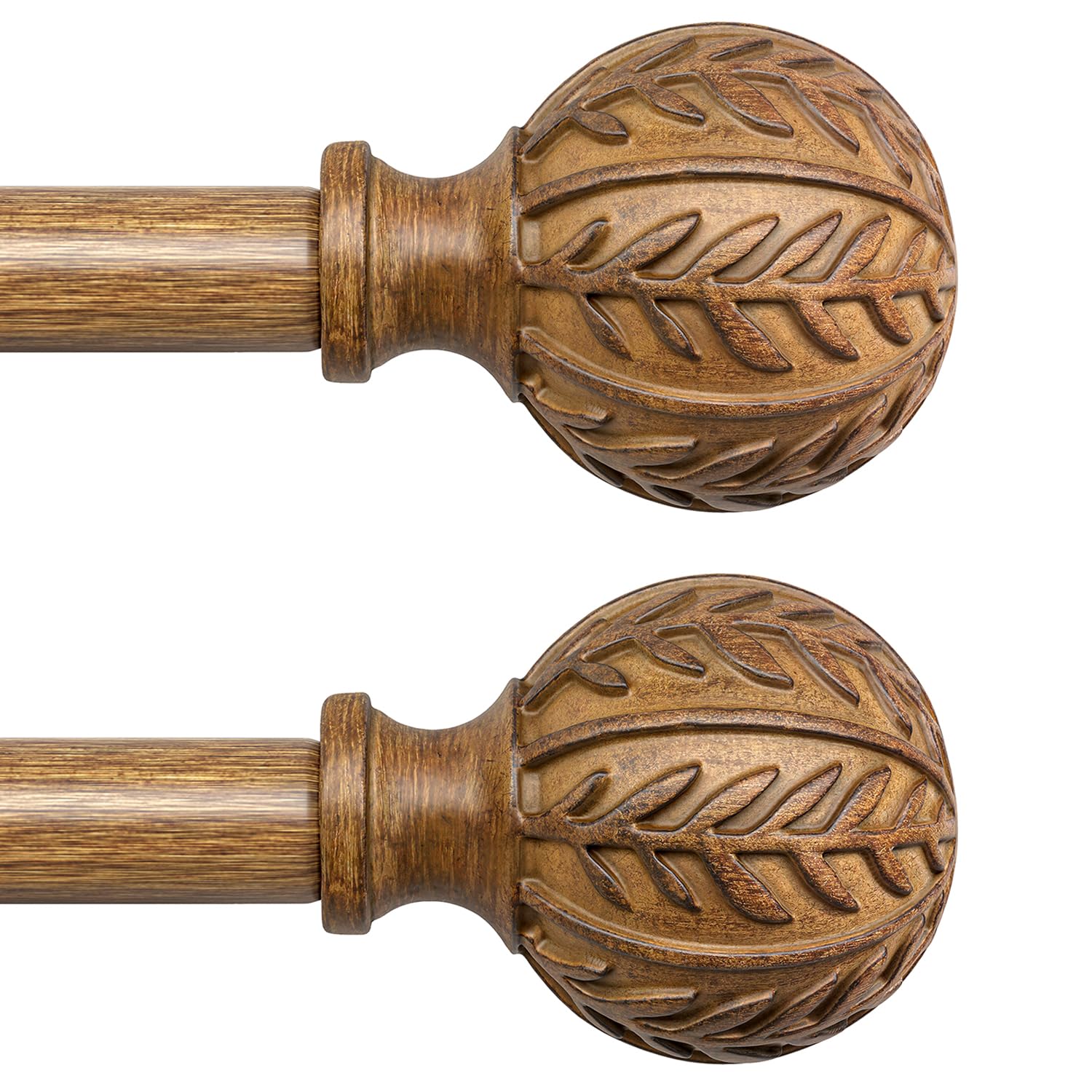 Photo 1 of QDWIS 2 Pack Wood Curtain Rods for Windows 28 to 48 Inch, 1'' Adjustable Decorative Drapery Rods with Imitation Wood Grain Leaf Pattern Finials, Boho Heavy Duty Window Curtain Rods Set 18''-60''