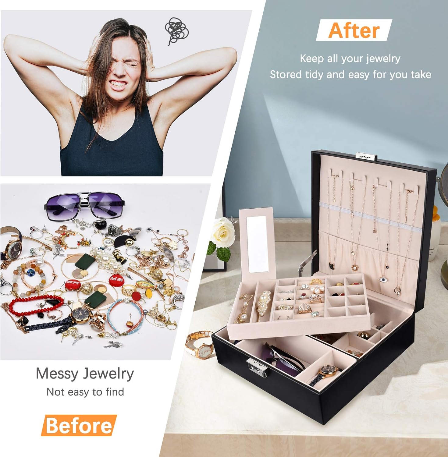 Womens Jewelry Boxes Jewelry Organizer Box with Coded Lock, Black Large Jewelry Storage Box for Women Girls Two Layers 36 Compartments, Jewelry Holder Bracelets Necklaces Earrings Organizer: Home Improvement