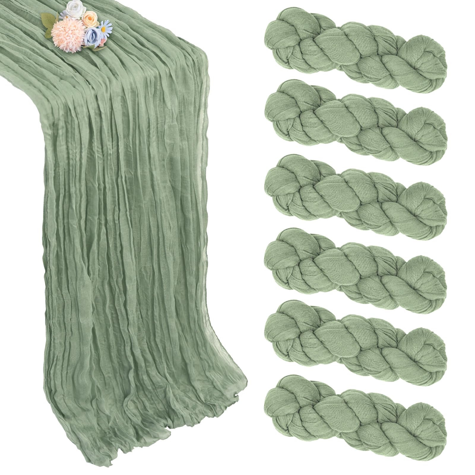 Photo 1 of 6 Pack Sage Green Table Runner 10ft Boho Gauze Fabric Cheesecloth Table Runner 35 x 120 Inch Rustic Sheer Runner for Wedding Centerpiece Decor Baby Shower Party Table Decorations