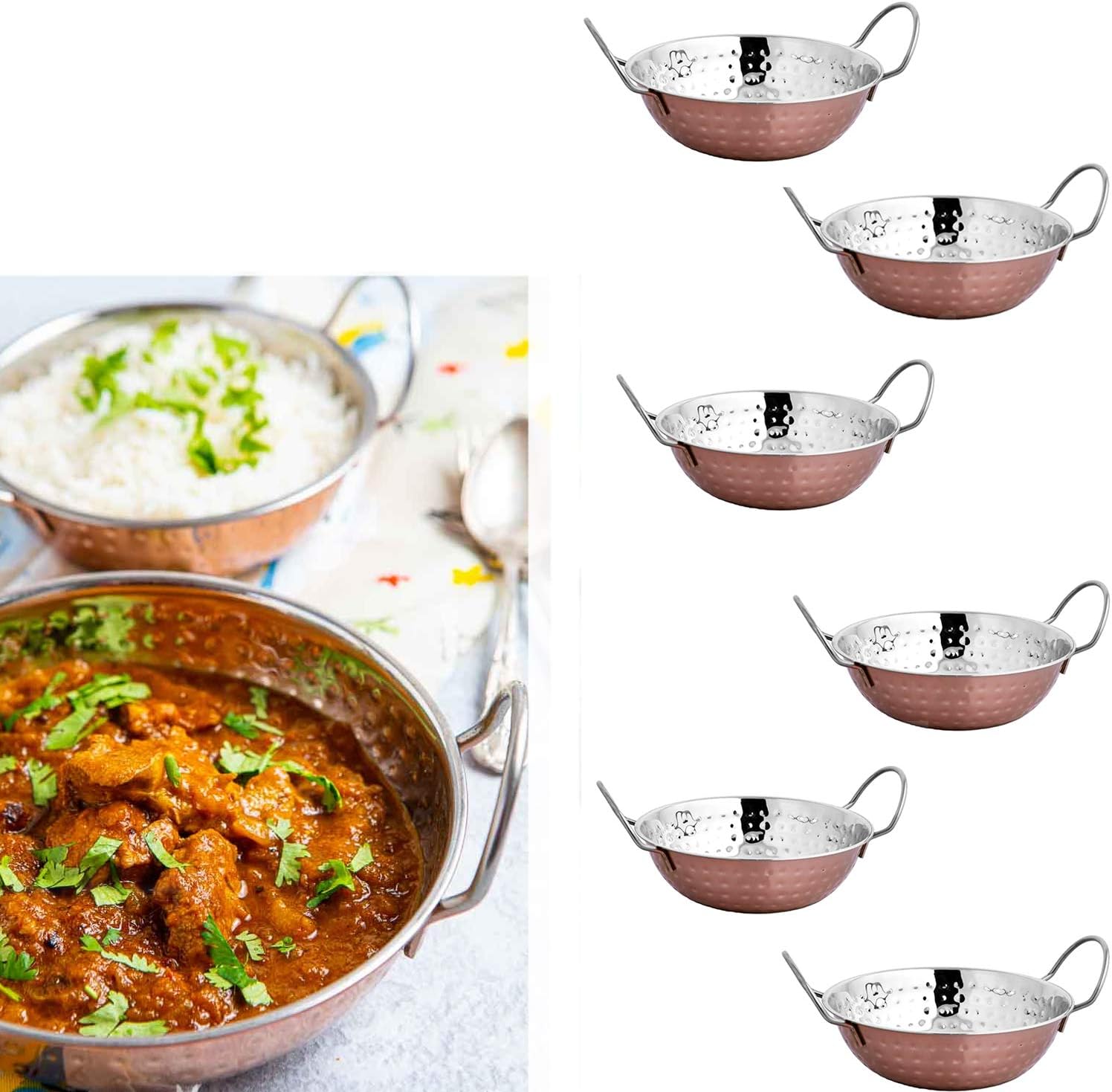 EVOKK Set of 6 Indian Copper Balti Dishes 20cm Traditional Curry Bowls with Handles Handcrafted Copper Pots for Indian Food & Restaurant Serving - Image 4