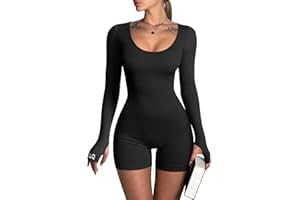 OQQ Women Yoga Rompers Ribbed Workout Long Sleeve Round Neck Exercise Jumpsuits Rompers