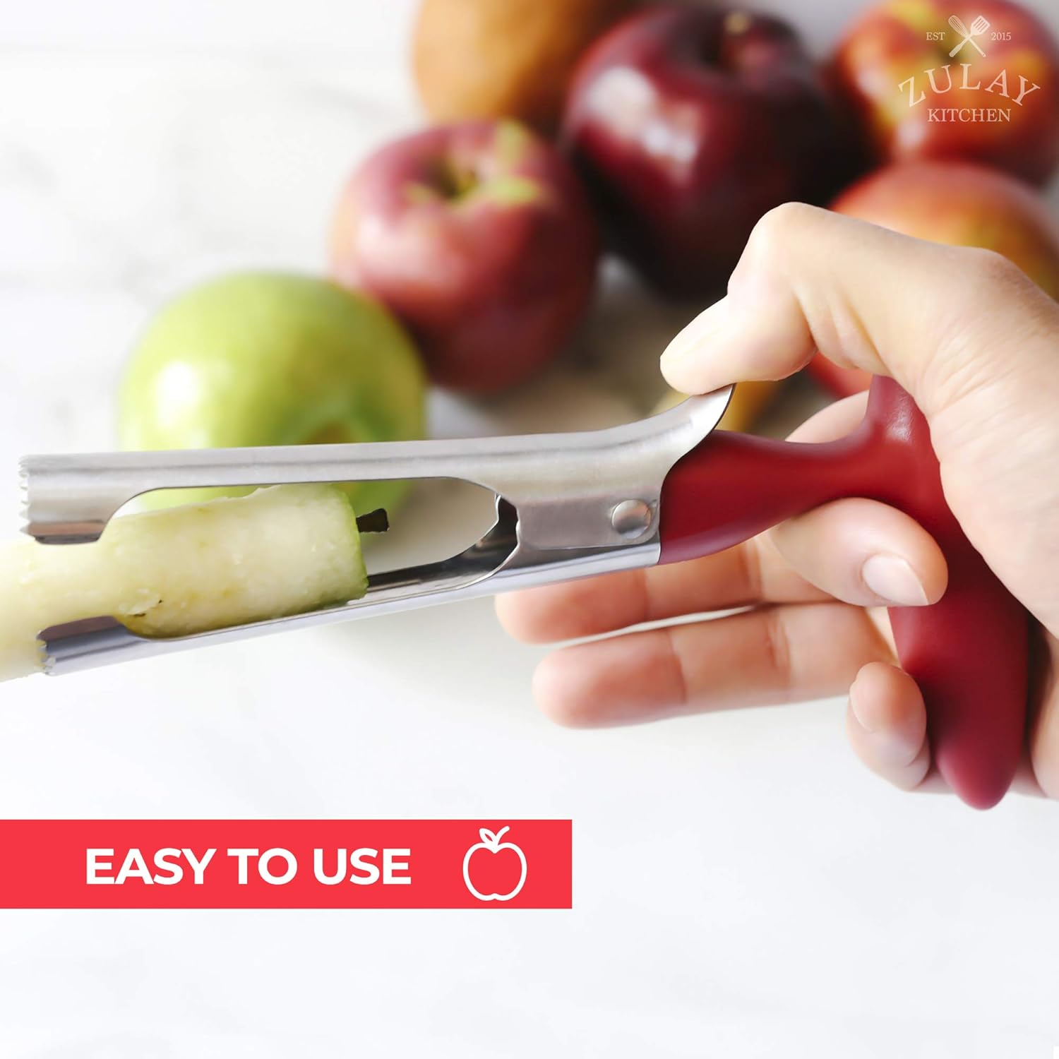 Zulay Premium Apple Corer - Easy to Use Durable Corer for Apples Pears, Bell Peppers - Stainless Steel - Red - Image 5