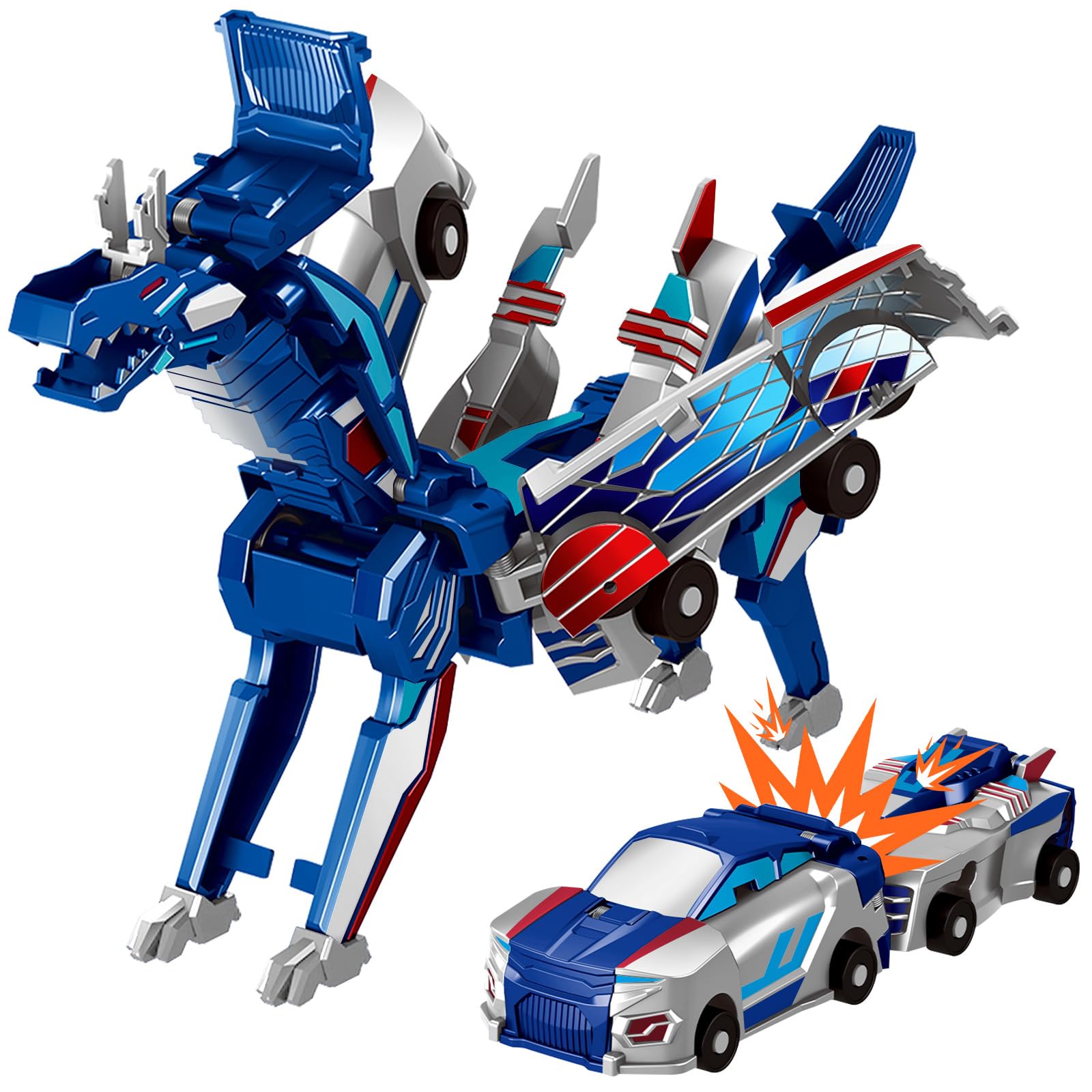 Photo 1 of Intoypad Collision Transforming Dinosaur Car Toy, 2 Magnetic Cars Transform into Dinosaur Toys for Kids Toddler Fun Deformation Robot Dino Car Christmas Birthday Gift Toys for Boys Girls(Blue Dragon)
