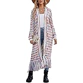 Perbai Womens Boho Cardigan Sweater Open Front Fringed Tassels Aztec Maxi Cardigan Jacket