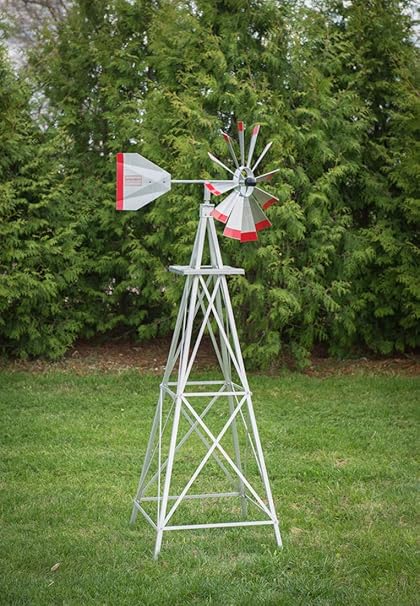 Amazon Com 6 Ft Premium Aluminum Decorative Garden Windmill Red Trim Wind Sculptures Garden Outdoor