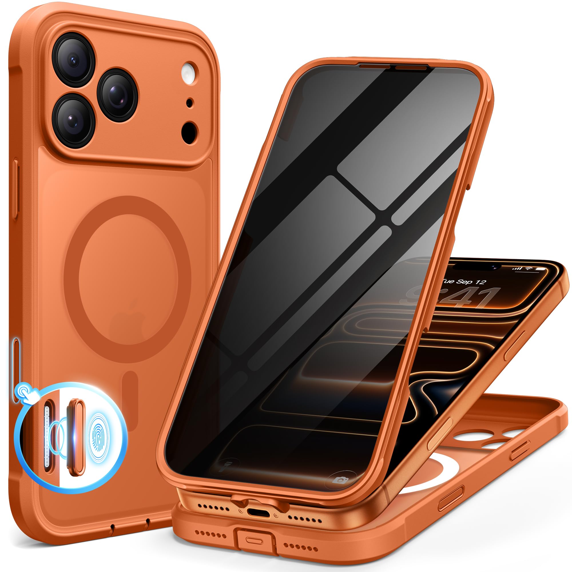 BERFY for iPhone 17 Pro Max Case, Compatible with MagSafe, Built-in Privacy Screen Protector, Camera Protection, Shockproof Full Body Phone Case 6.9", Translucent Cosmic Orange Image