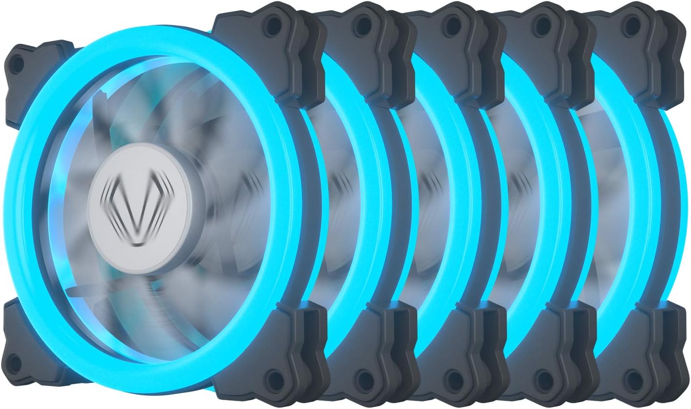 Vetroo 120mm 12cm Halo Ring LED PC CPU Computer Case Cooling Neon Quite Clear Fan Mod 4 Pin / 3 Pin for PC Case/CPU Cooler (5 Pack Ice Blue)