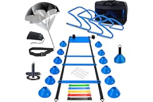 Haootadiy Agility Training Equipment, Football Training Equipment Includes 20FT Agility Ladder,4 Adjustable Agility Hurdles, 12 Football Cones, Parachute, for Training Soccer Basketball Athletes