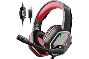 EKSA E1000 Gaming Headset, Computer Headphones with Noise Canceling Mic & RGB Light, 7.1 Surround Sound, Compatible with PC, PS4 PS5 Console, Laptop (Red)