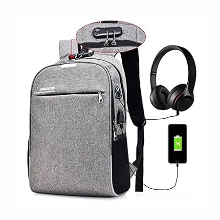 Bagzar Anti Theft Backpack with Password Lock in Cipher Backpack with Port and Headphone Hole Water Resistant Laptop Backpack Lightweight Business USB Casual Backpack Travel Daypack Grey