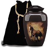 Forever URNS - Large Urn for Ashes Adult Male & Female | Memorial Gifts, Ashes Keepsake l Aluminium Metal, Running Horse Theme | Velvet Protection Box | Memorial Box for Funeral, Brown - 200 cu in