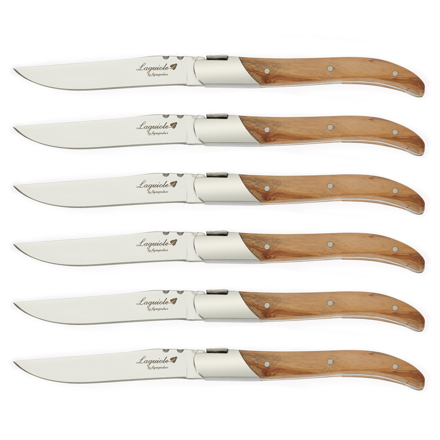 Photo 1 of Flying Colors Laguiole Steak Knife Set. Stainless Steel, Olive Wood Handle, Gift Box, 6 Pieces