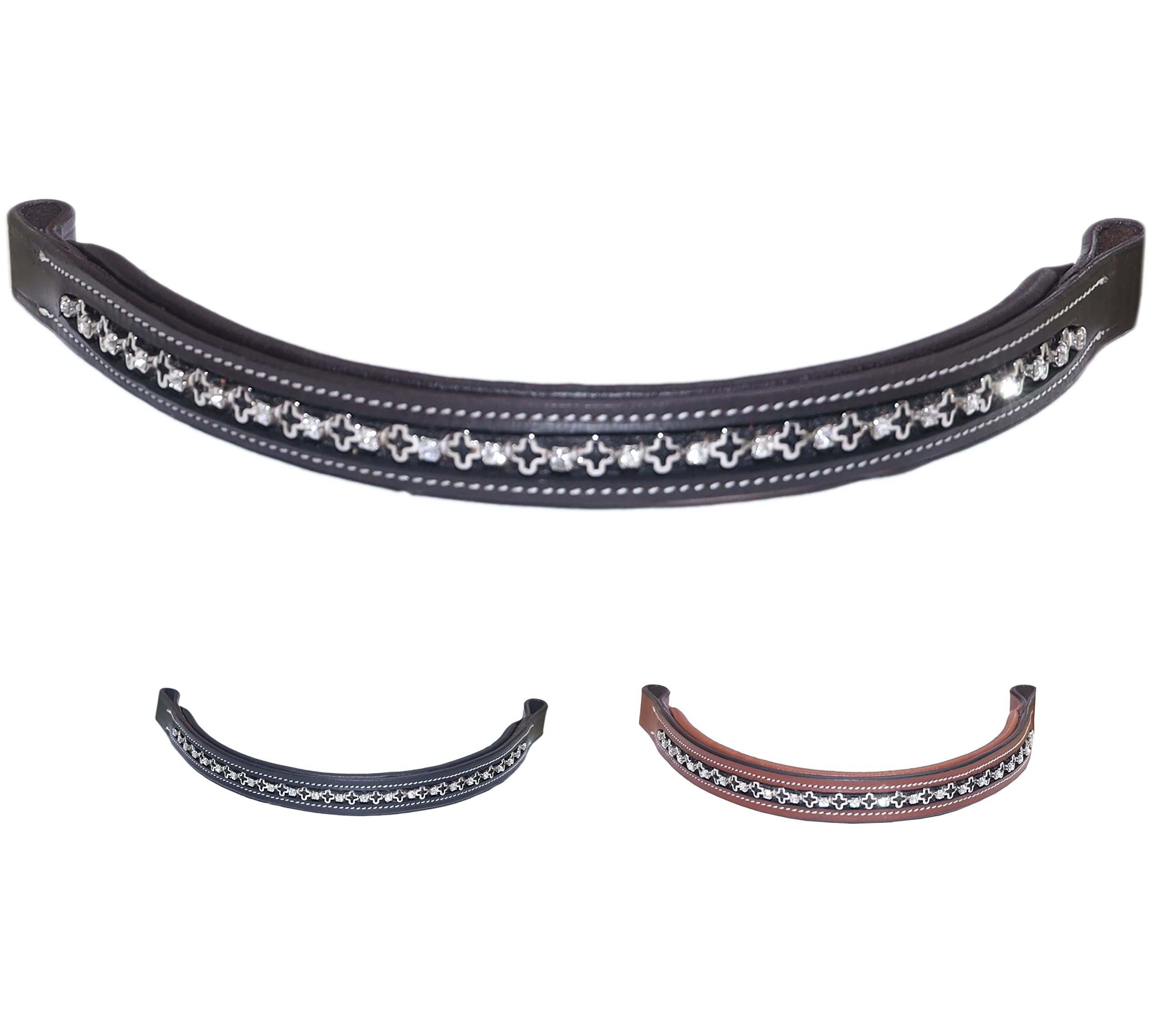 Majestic Ally Straight Crystal Padded Premium Leather English Browband for Horse Bridle (Havana)