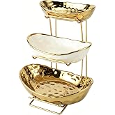 3 Tier Ceramic Fruit Bowl for Kitchen Counter with Metal Rack, Fruit Basket with Stand, Porcelain Bowls for Vegetable Bread Candy Snack Nuts Dessert Cake Tray (Gold 3 Layer)