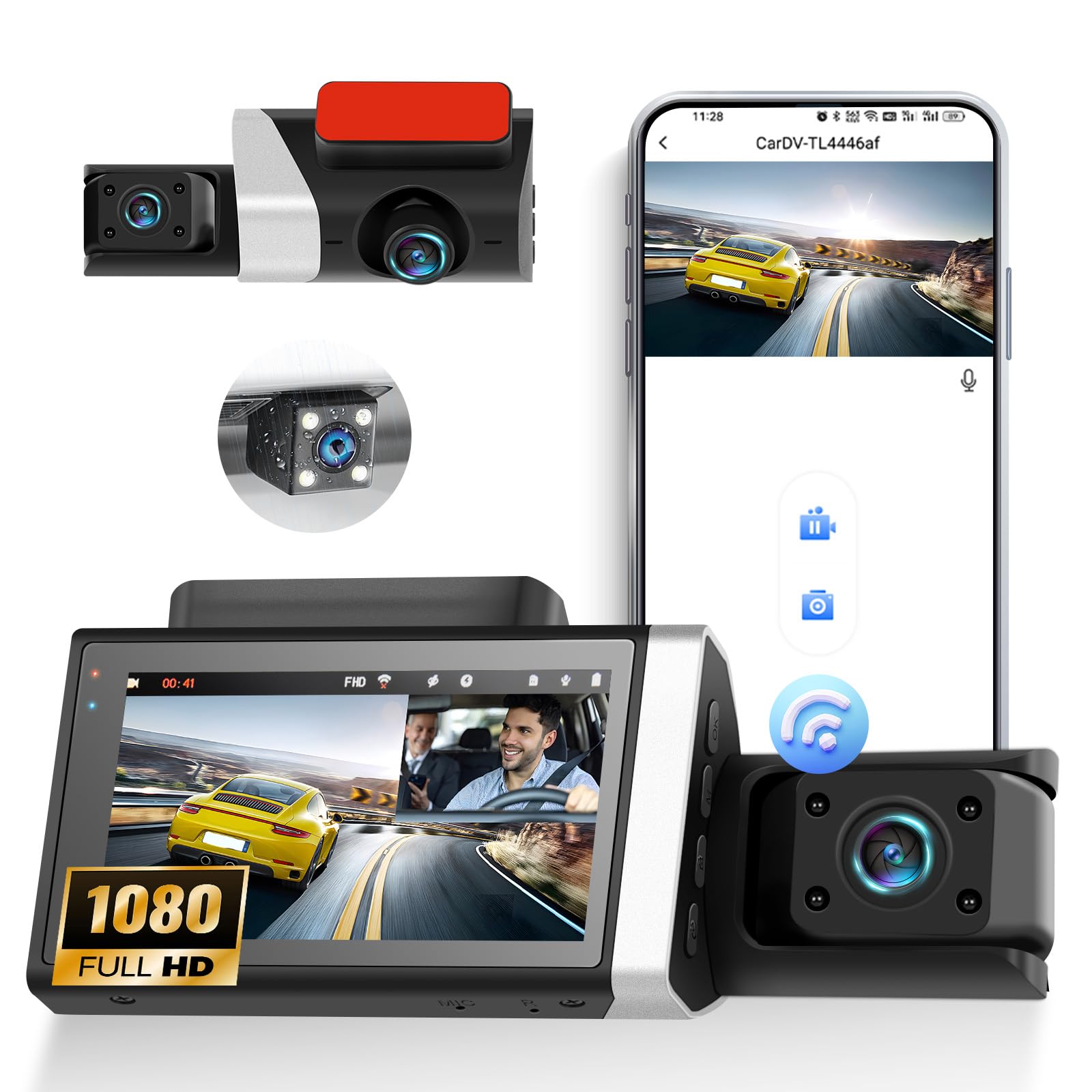 Photo 1 of 3 Channel Dash Cam Front and Rear Inside, 2.9'' 1080P Dash Camera for Cars,Three Way Triple Car Camera with App Control Super Night Vision,Wide Angle,Loop Recording,G-Sensor,24 Parking Monitor