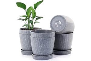 UOUZ 6'' Plant Pots Bulk, 6 Pack Plastic Planters with Drainage Holes and Saucers for Indoor Outdoor House Plants and Flowers, Grey Spots