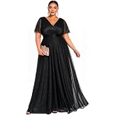 Ever-Pretty Plus Women's Fall Glitter Plus Size Formal Evening Dresses | V-Neck, Short Sleeve, A-Line, Empire Waist, Plus Size Gala Dress Mother of Bride Dresses