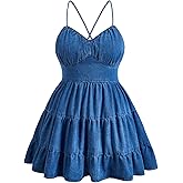 SweatyRocks Women's Plus Size Denim Dress Sleeveless Lace Up Backless Flared Ruffle Jean Dress
