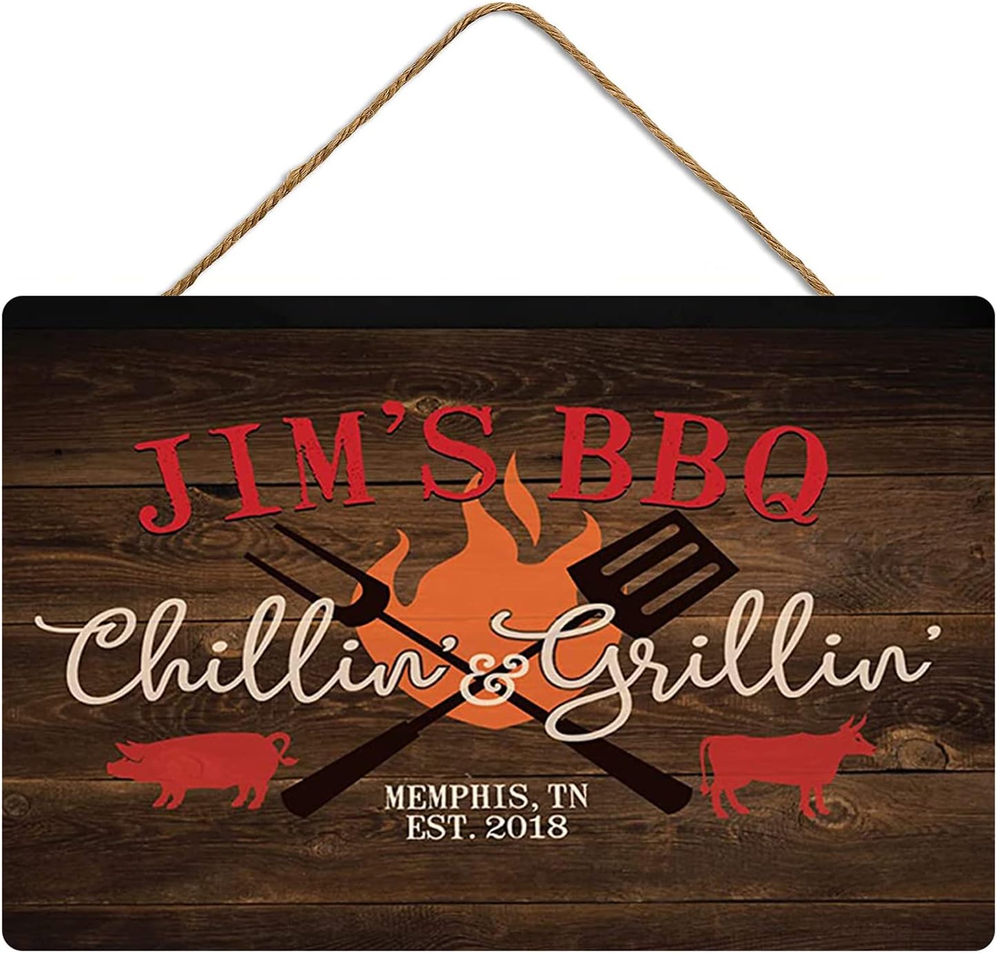 Plaques & Wall Art - Personalized BBQ Chillin' & Grillin' Sign Custom Name Grill Vintage Wall Decor Metal Wood Welcome Plaque for Porch Pub Outdoor Decorations