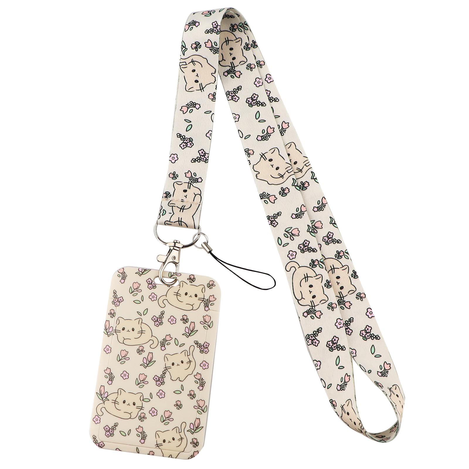 juanooo Cute Cats ID Card Holder Lanyard Aesthetic Floral Neck Lanyard Strap for Keys for Women Girls Kids Preppy School Student ID, 49 * 2.5cm — image 1
