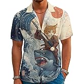 Evipop Funny Cartoon Print Hawaiian Shirt for Men Beach Vacation Casual Short Sleeve Button Down Aloha Shirt