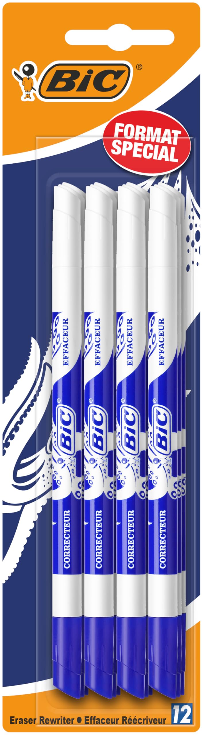 BIC Ink Eater Permanent Eraser Pens - Pack of 8 + 4 (11 Total) Distinctive Blue And White Design - Mini Eraser - Blue Colour