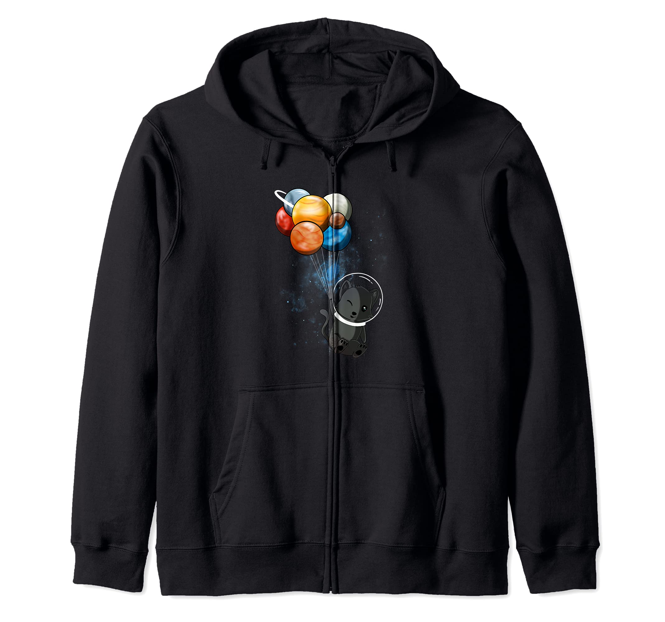 Funny Outer Space Cat Balloon Planets Space Travel Universe Zip Hoodie