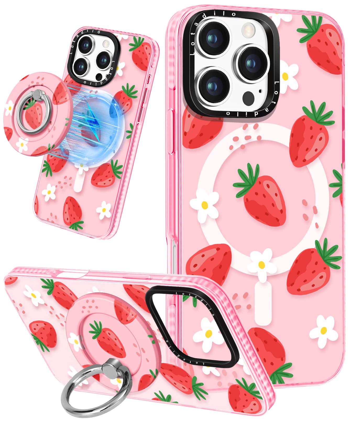 Photo 1 of Lotadilo Cute Case for iPhone 16 Pro Max for Women Girls - Funny Strawberry Design Compatible with Magsafe Magnetic Ring Holder Kickstand Fashion TPU Phone Covers
