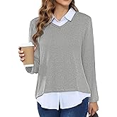 MISS FORTUNE Women's V-Neck Fall Winter Sweater Collar 2 in 1 Casual Long Sleeve Patchwork Office Pullover Shirts 2025