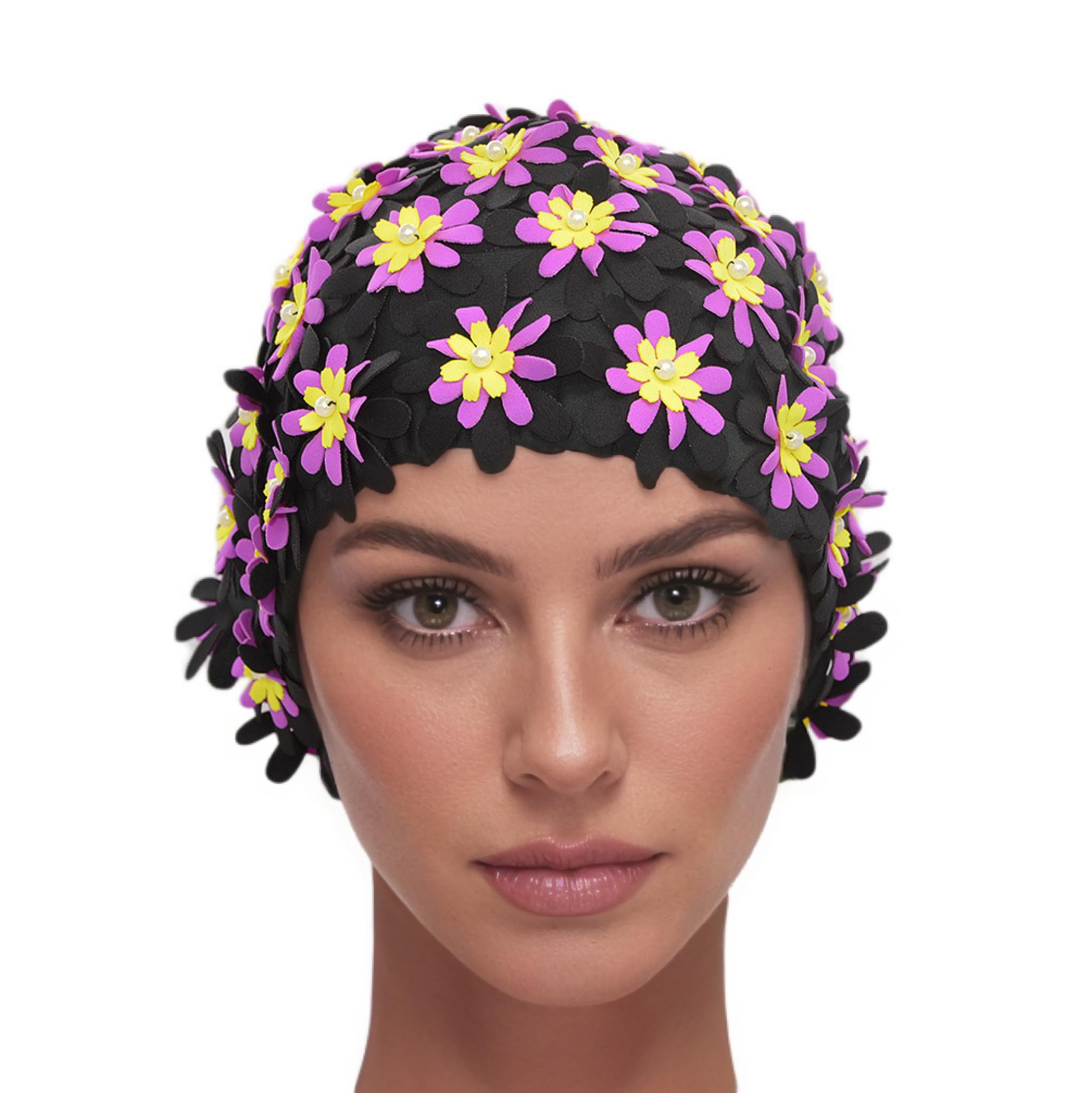 Medifier Swim cap Floral Petal Retro Style Bathing Caps for Women Black