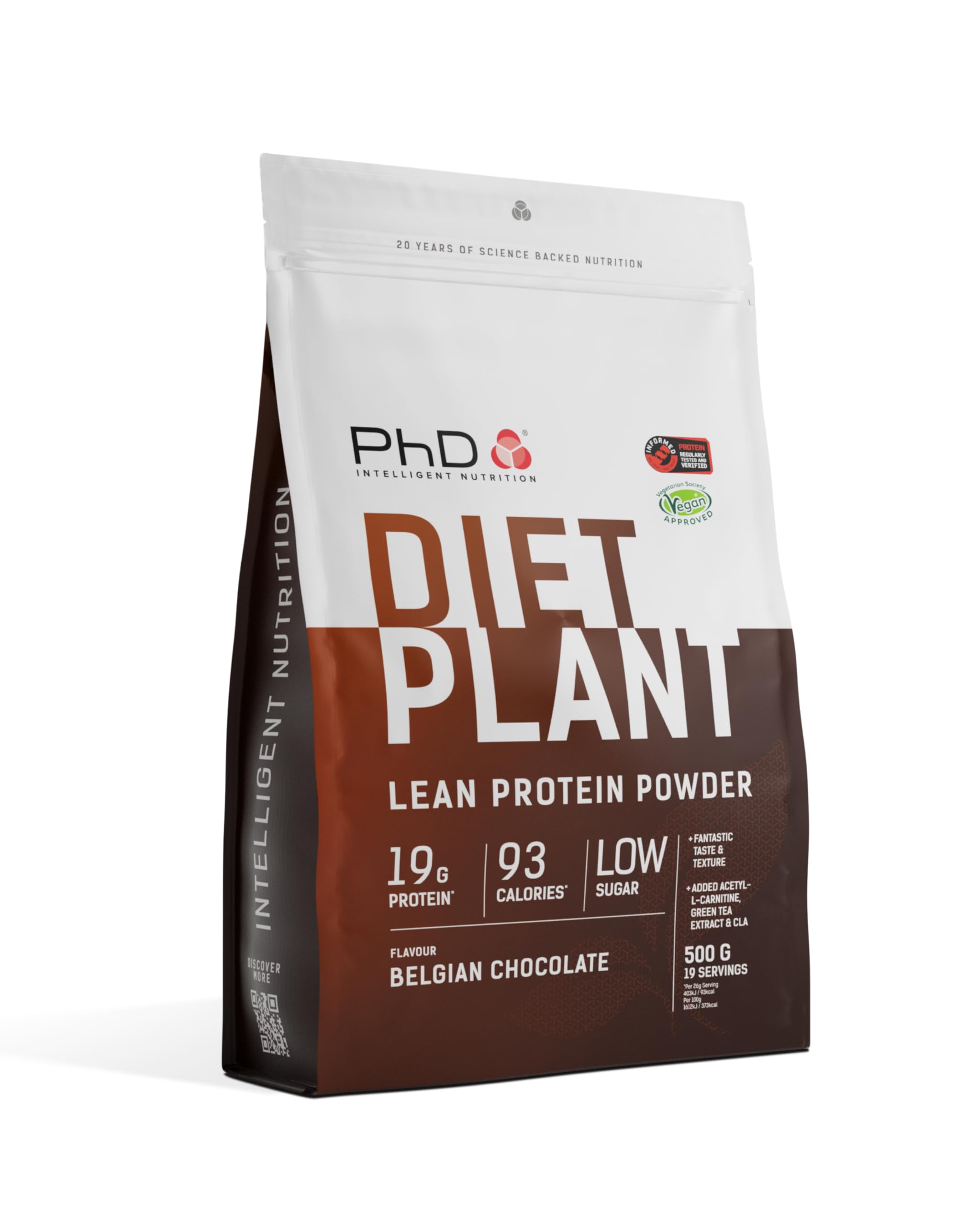PhD Nutrition Diet Plant, Vegan Protein Powder Plant Based, Belgian Chocolate, High Plant Protein, 20 Servings Per 500g Bag