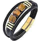 STARCHENIE Multi Strand Bracelet for Men Square Authentic Tiger Eye Black Braided Leather Mens Bracelet and Stainless Steel Buckle