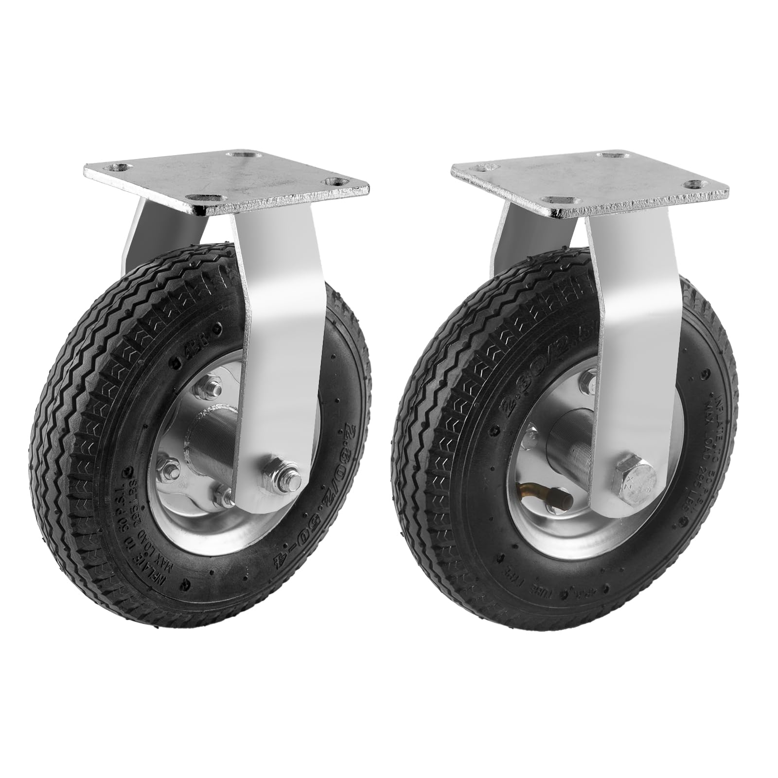 Photo 1 of (2 Pack) RRQ 8 Inch Caster Wheels, Pneumatic Rigid Caster Wheels with Zinc Top Plate for Cart, Dolly, Trolley, Workbench and Wagon, All Terrain Casters, Black Rubber Wheels, 590 Lbs Total Capacity