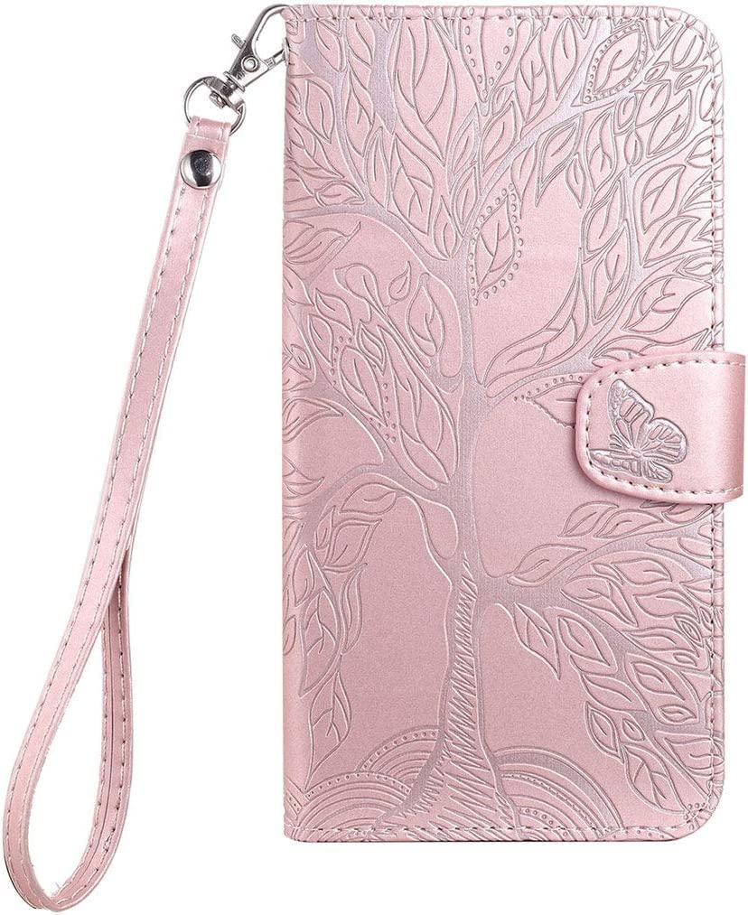 Tiyoo Flip Phone Case for iPhone X/XS,Shockproof Leather Wallet Case with The Tree of Life Pattern,Protective Phone Cover with Card Holder and Magnetic Closure,Premium Phone Cover for iPhone X/XS,Pink