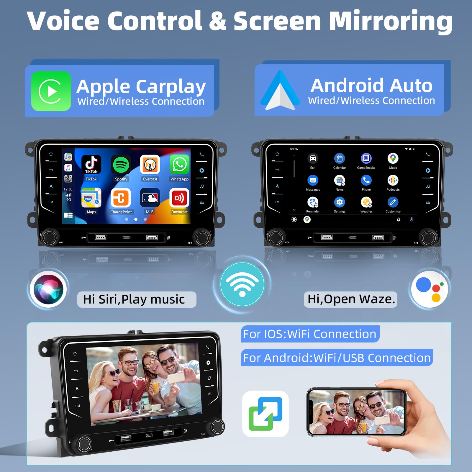 Screenshots demonstrating Apple CarPlay and Android Auto interfaces