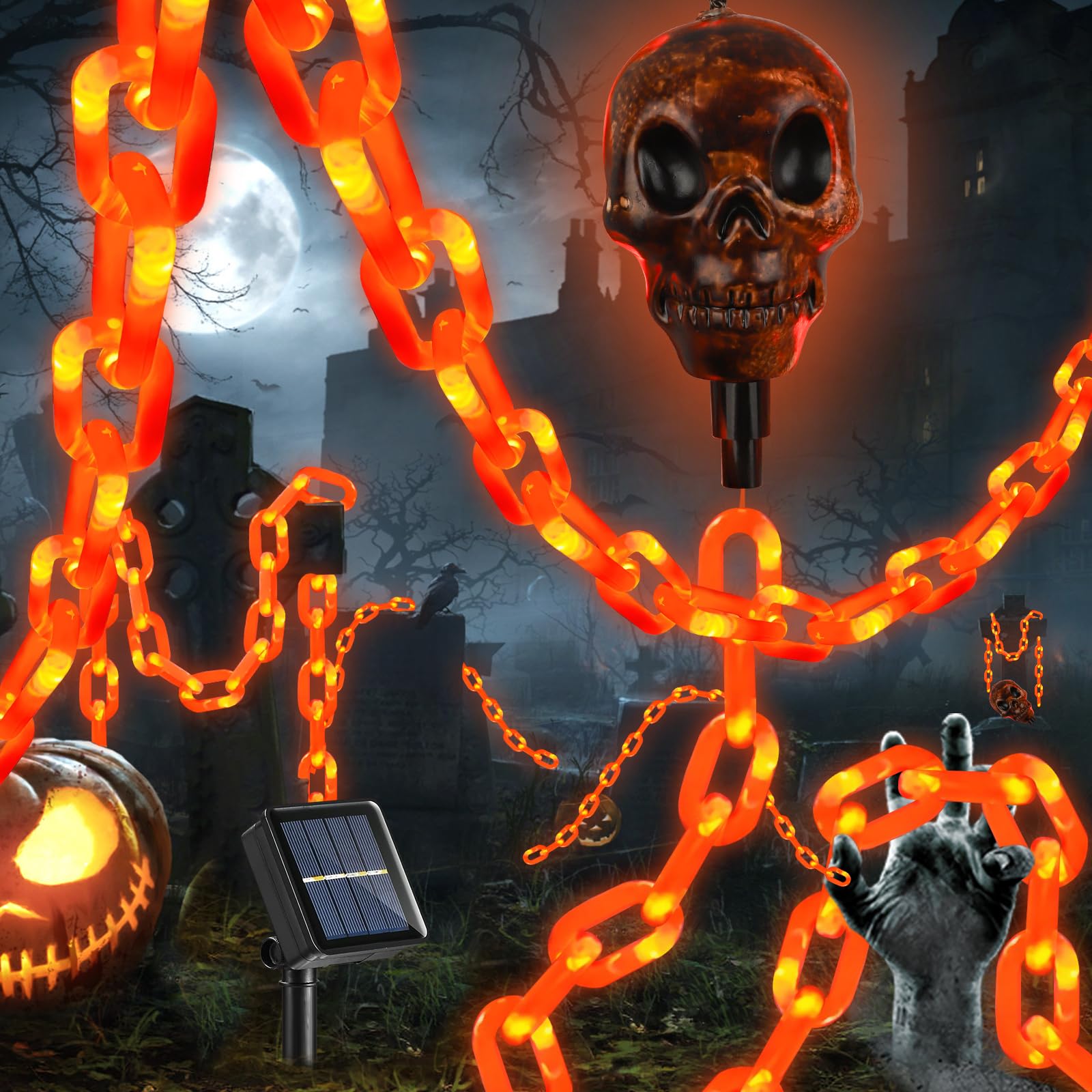 Photo 1 of ***(PARTS ONLY/ NON FUNCTIONAL)***X-GiftKey Halloween Decorations Outdoor Solar Skull Chain Lights,Light up Scary Skull with Orange Props Chain,for Skeleton Dog,8 Modes Lighted Halloween String Lights for Yard/Patio,Creepy Party Decor